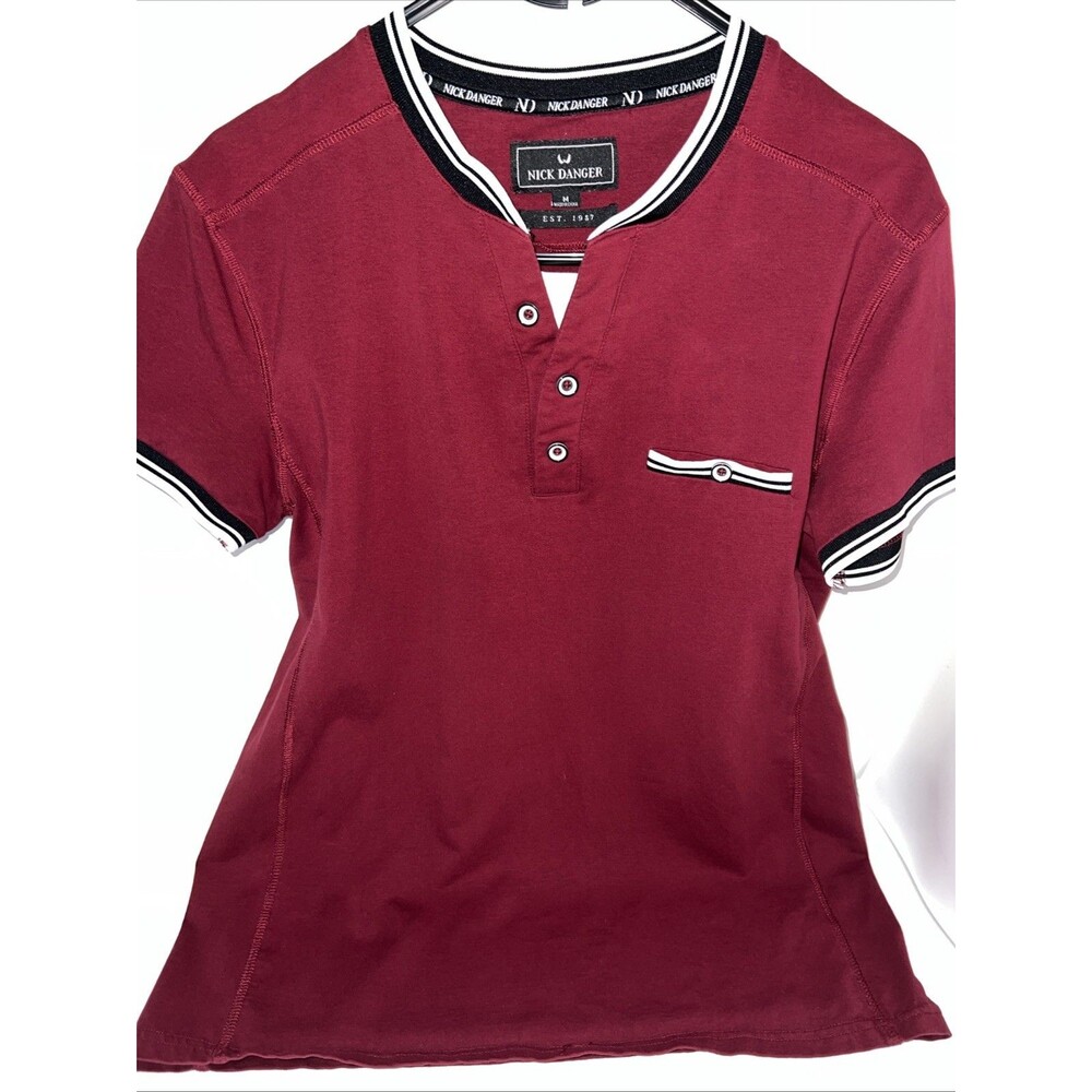 Nick Danger Henley shirt Red Color White And Black Strip Around Collar Medium
